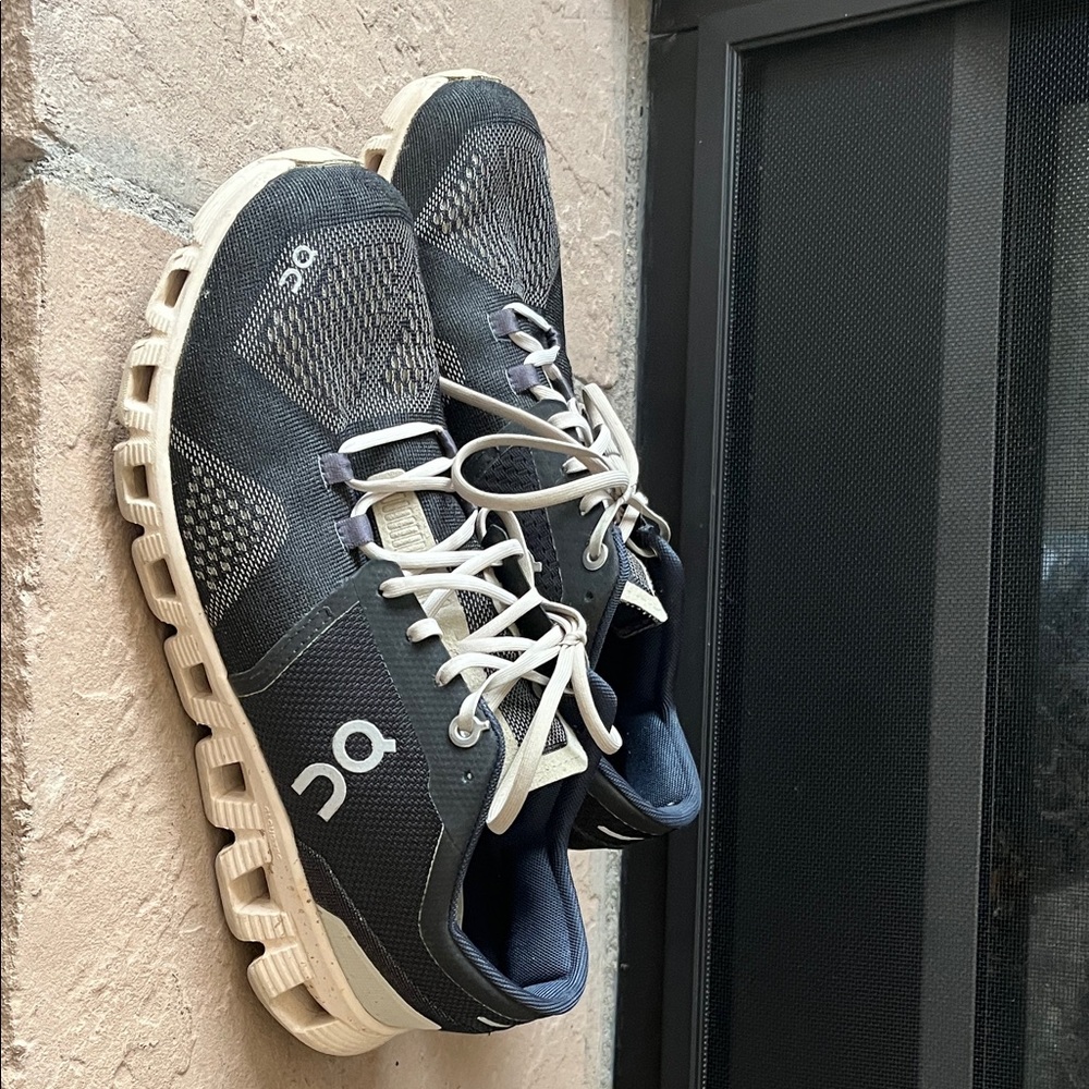 On Running Charcoal and Cream Athletic Shoes